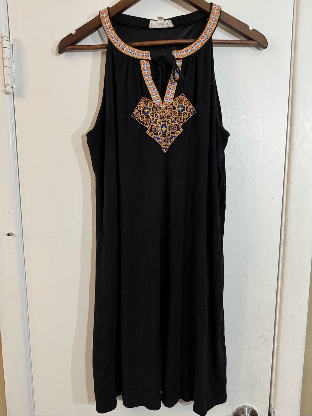 THML Black Sleeveless Shift Dress with Orange and Blue Embroidery